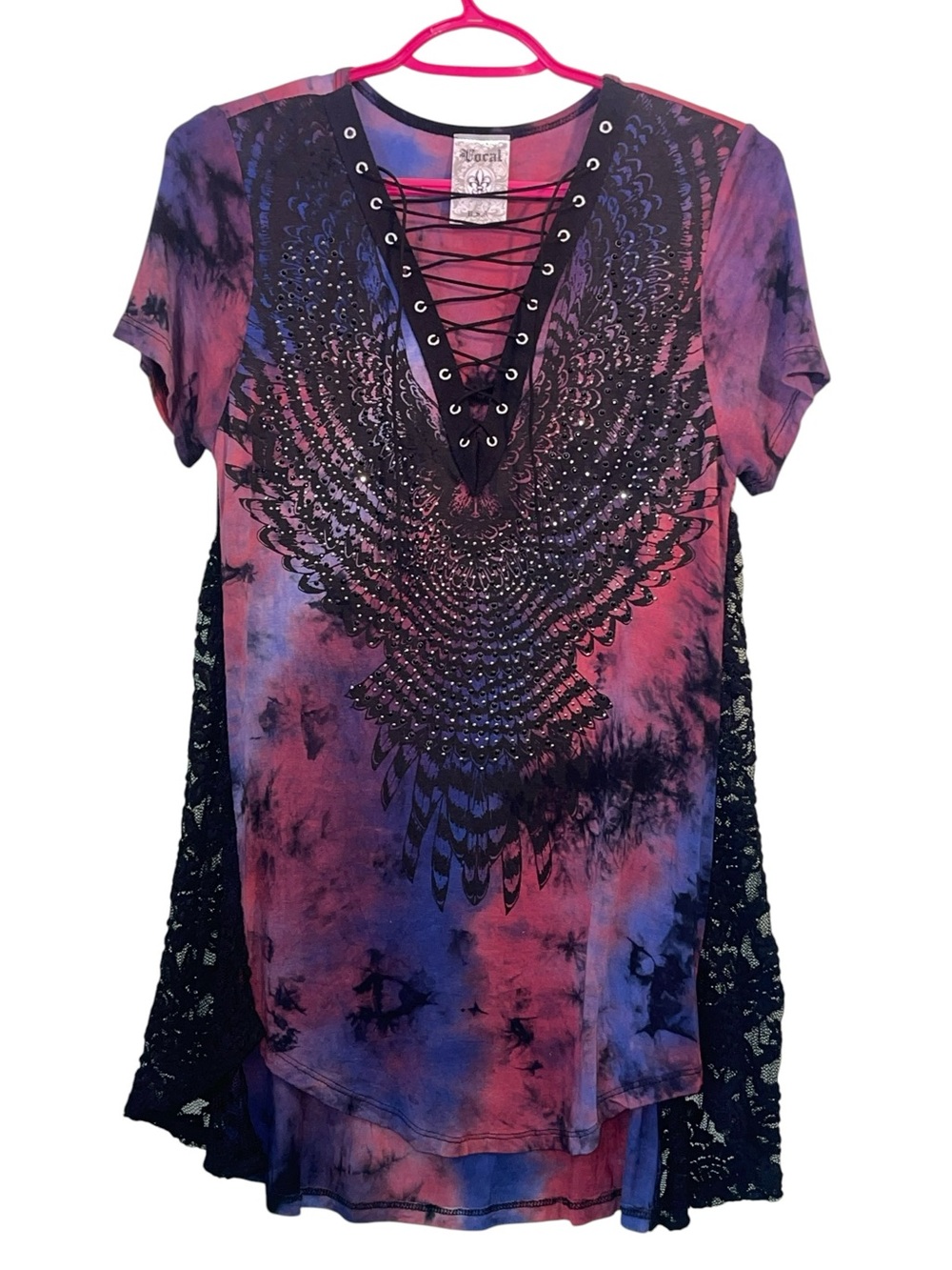 Vocal tie-dyed, rhinestone, lace top with eagle print. Size small GUC - Picture 6 of 9